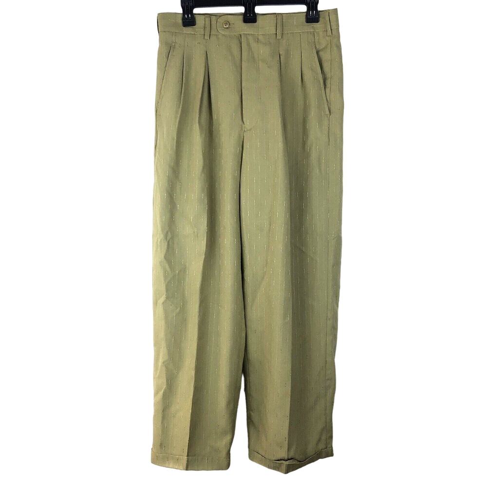 Virgola Uomo Pants Men Sz 32 Green Pleated VTG Pocket Cuffed Embroidered Grandpa